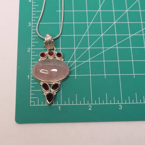 Sterling Silver Rose Quartz Gemstone and Red Glass Stone Necklace - Picture 8 of 13